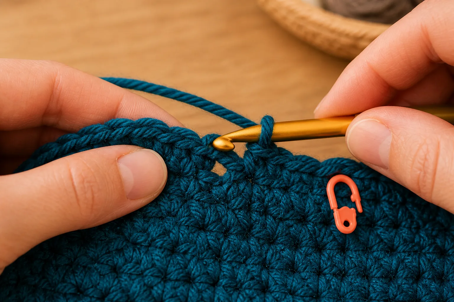 A gold crochet hook enters the open chain-one space beside an orange marker in deep-teal moss stitch fabric