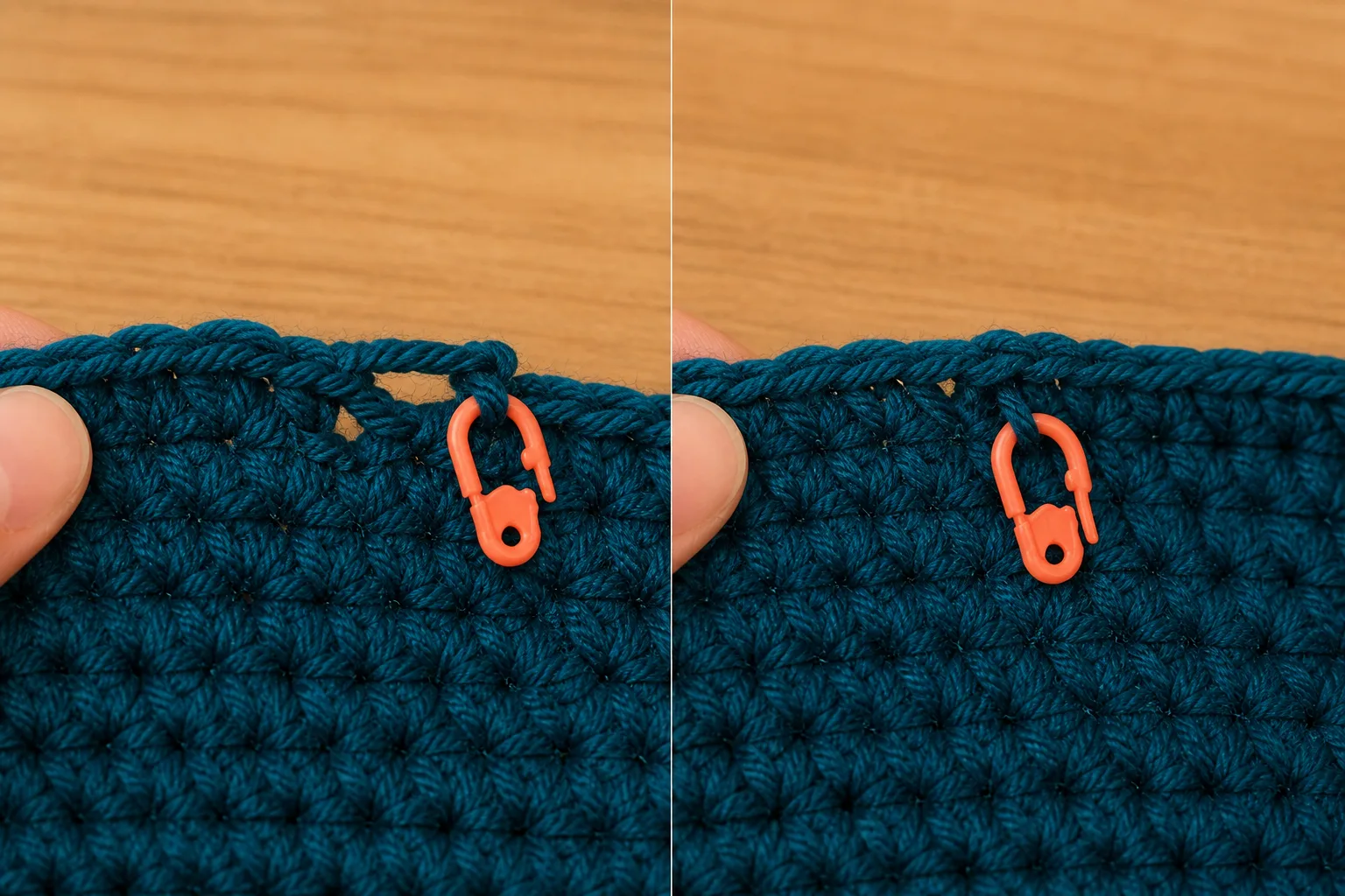 Two close views compare Phase A and Phase B starts at the joined edge of deep-teal moss stitch fabric