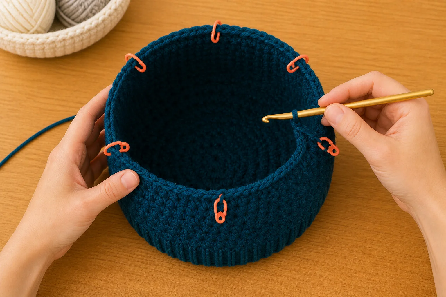 Six orange markers divide a deep-teal hat into equal crown sectors while a hook works the conversion round