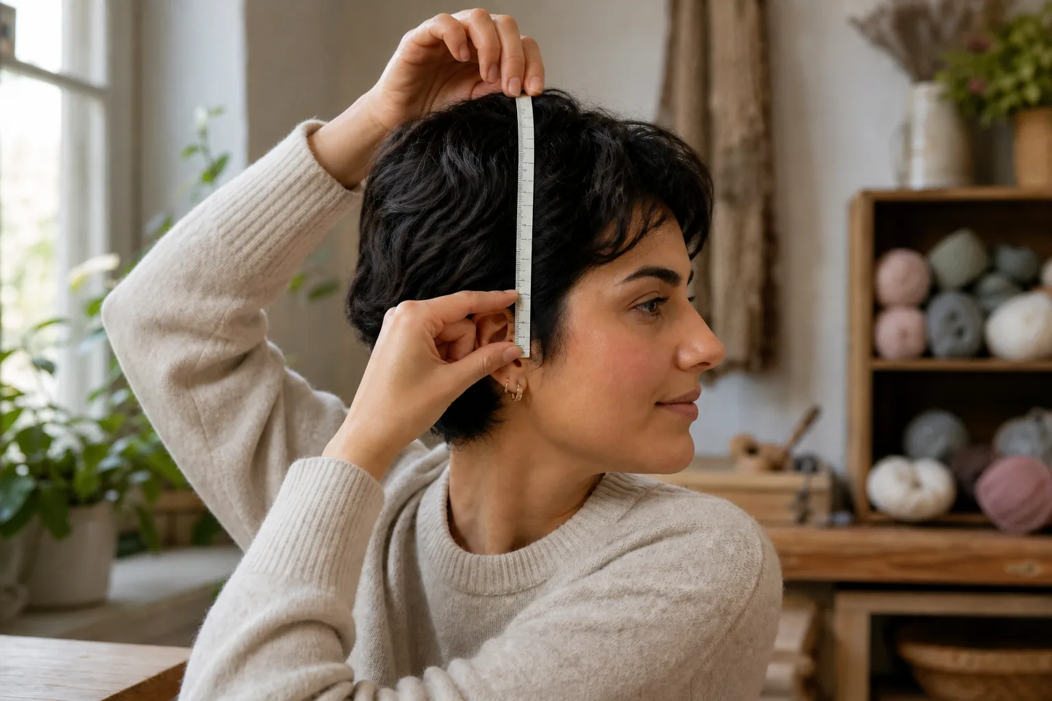 A wearer measures from the crown to the intended lower edge of a fisherman beanie