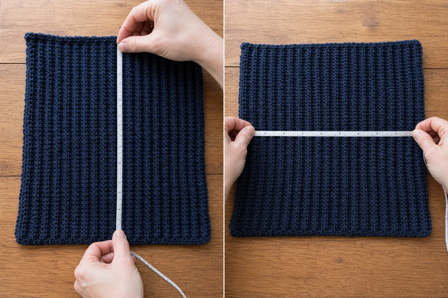Hands measure a navy rib swatch along its depth and across its rows