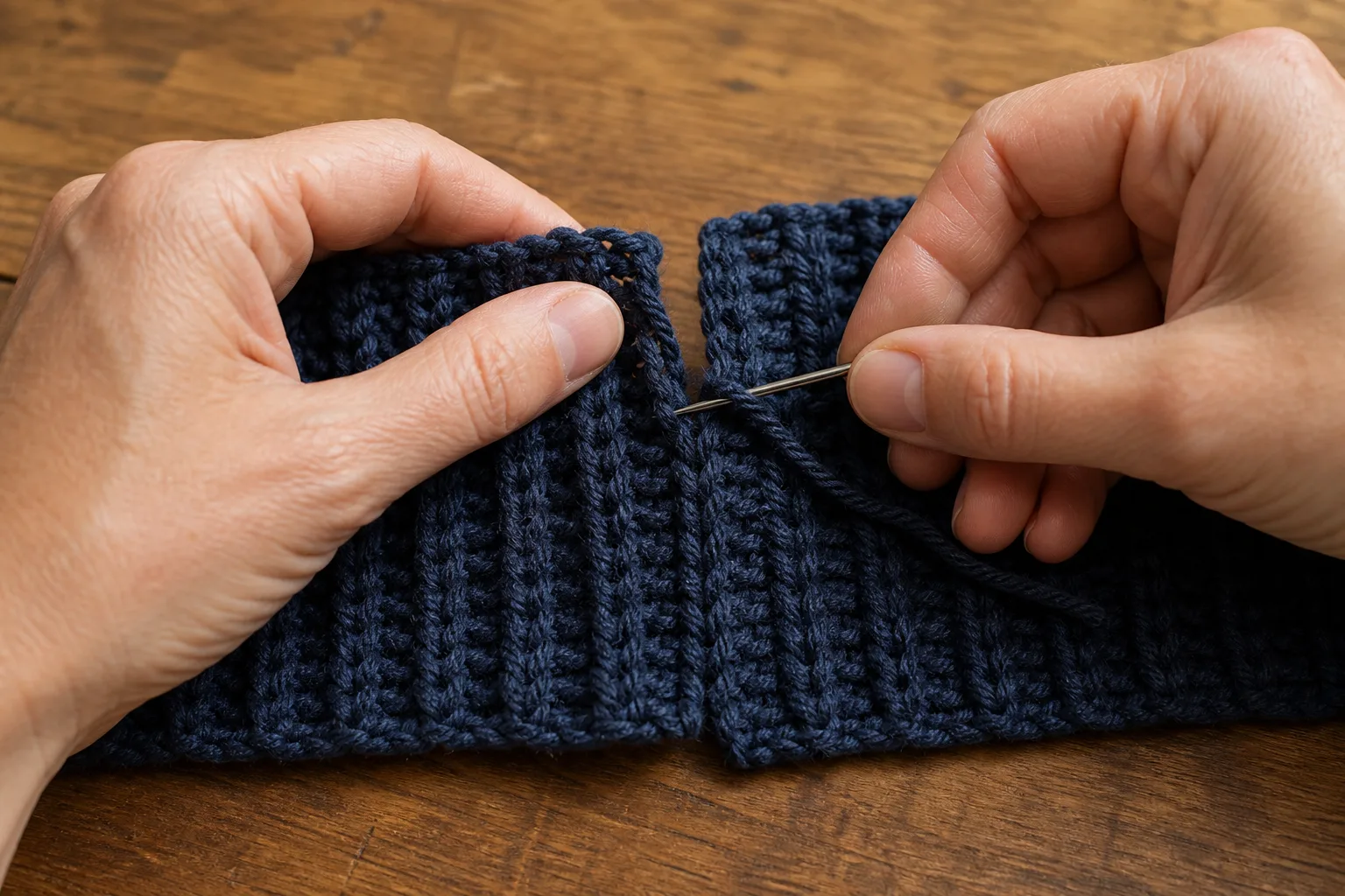Hands sew together the first and last rib rows of a navy fisherman beanie panel