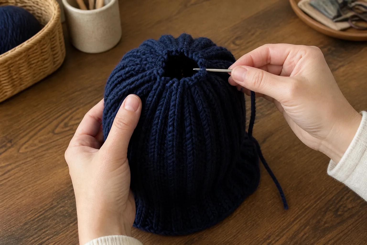 Hands draw the reduced short-row crown edge of a navy fisherman beanie closed