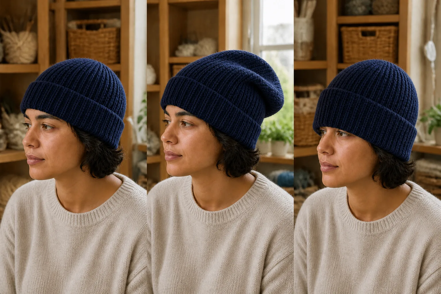 A wearer compares correct, too-tall and over-deep-cuff navy fisherman beanies