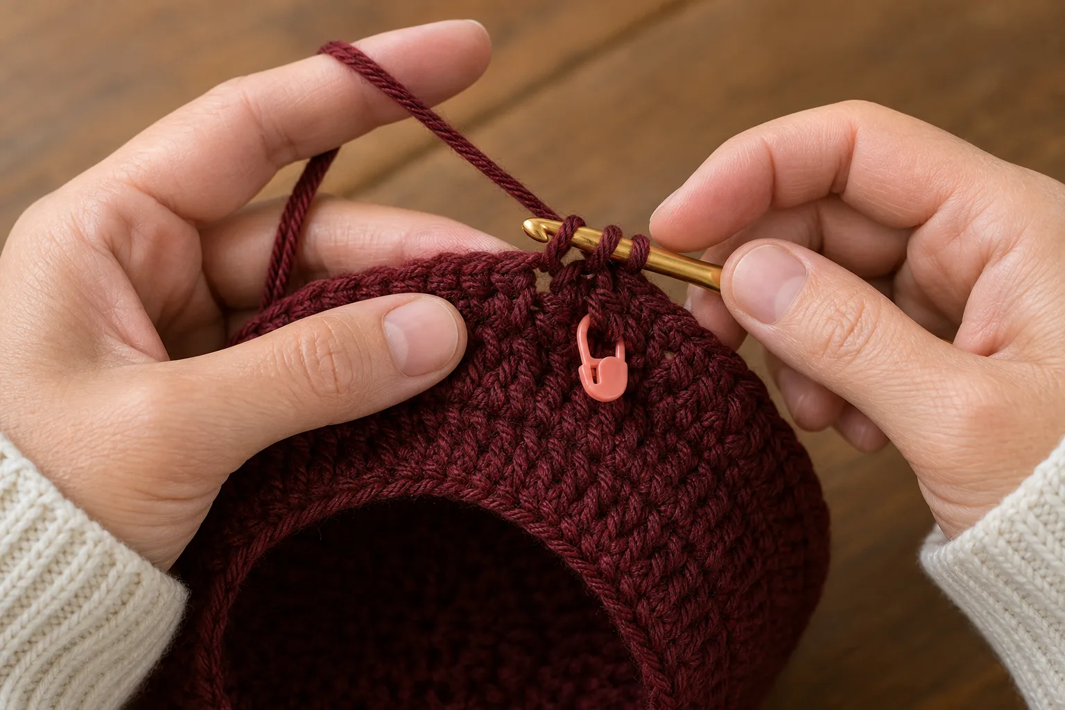 Hands work a double crochet decrease beside a sector marker in a burgundy beret