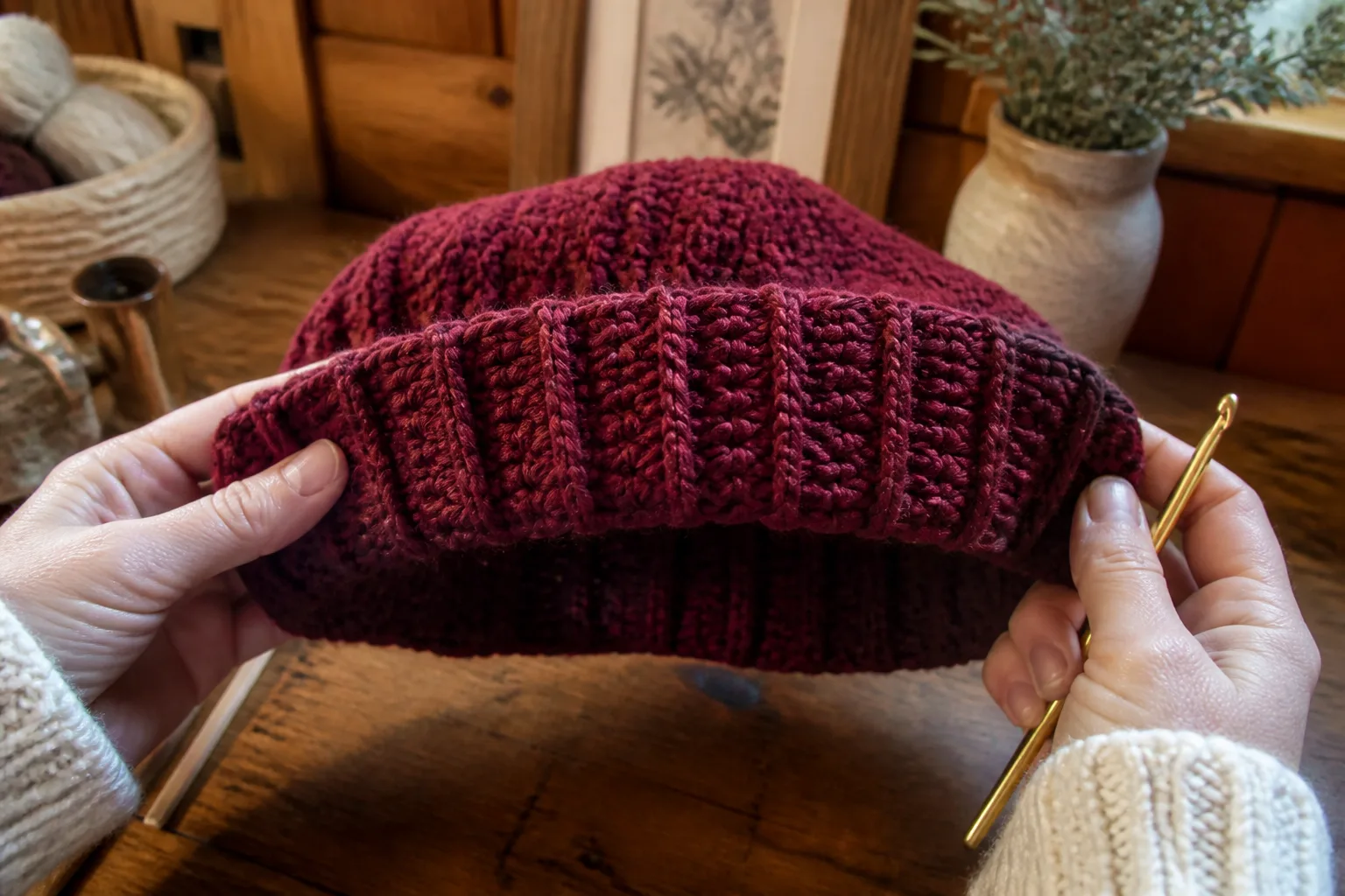 Hands show the alternating front-post and back-post stitches in a burgundy beret band