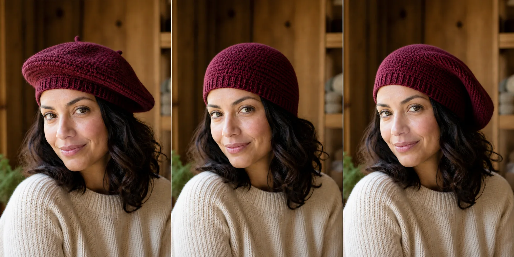 Three views compare correct, too-narrow and overly slouchy burgundy crochet berets