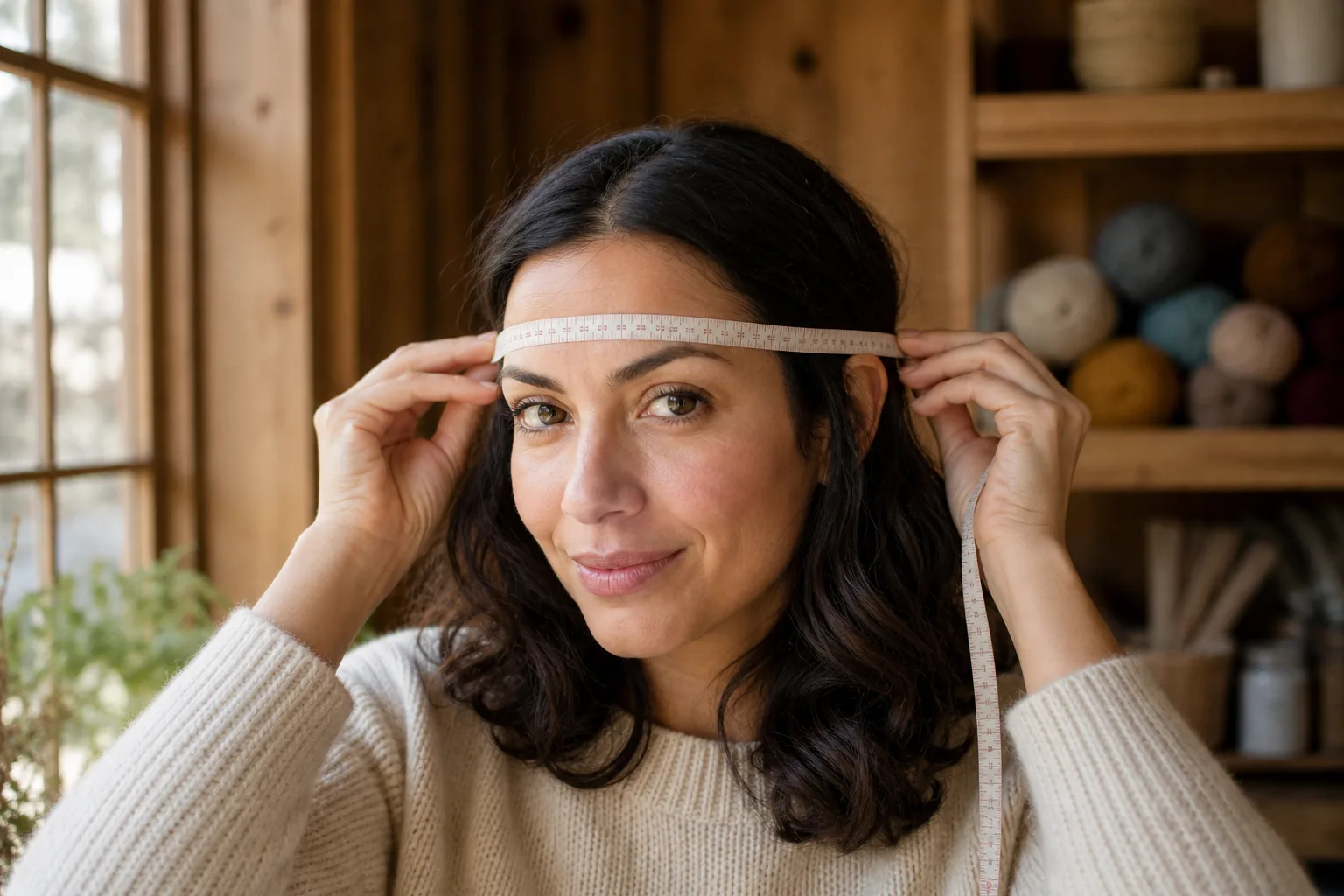 A wearer measures the intended beret band line around the forehead and above the ears