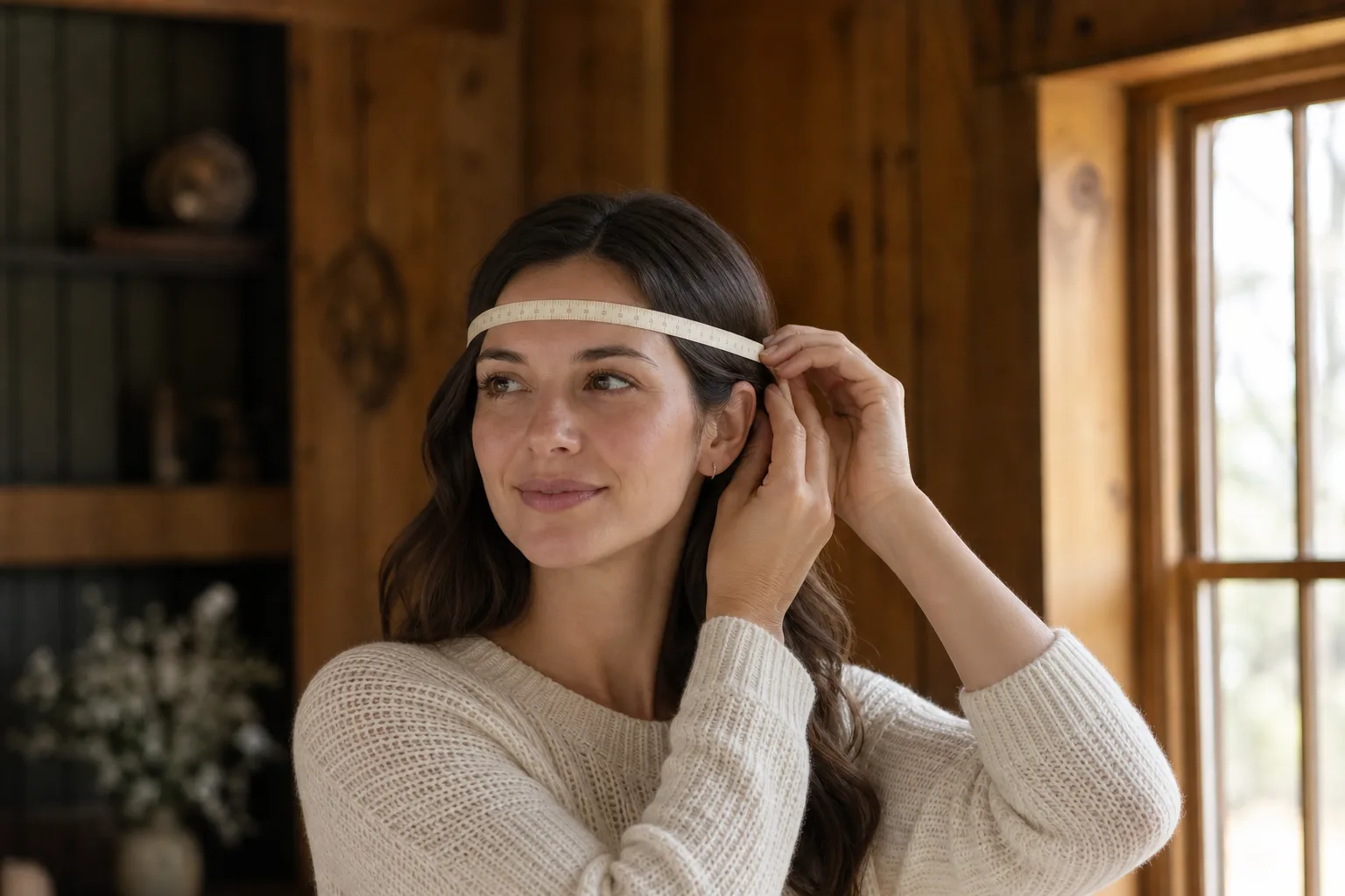 A wearer measures the intended lower-cone line across the forehead and above the ears