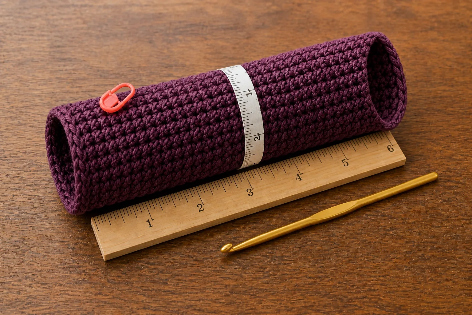 A deep-plum continuous single-crochet gauge tube is measured across and along its rounds