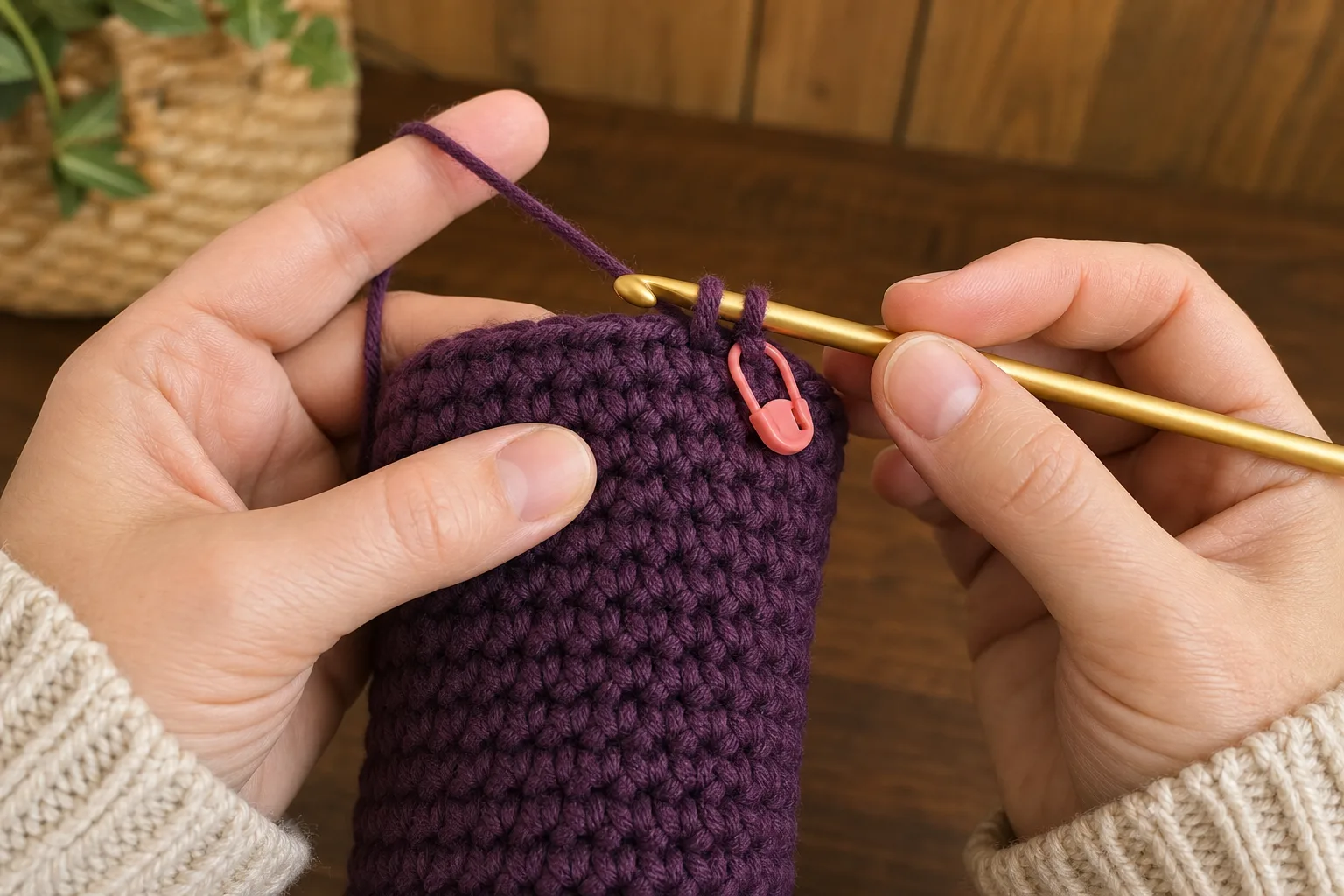 Hands work a single-crochet increase beside a sector marker in a deep-plum cone