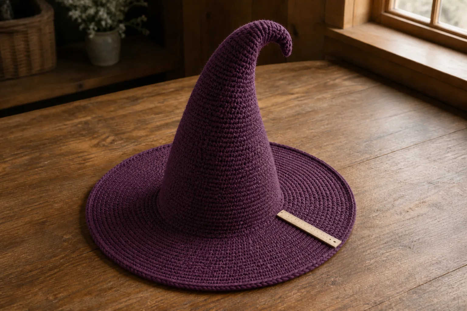 A ruler measures the brim overhang of a finished deep-plum crochet witch hat