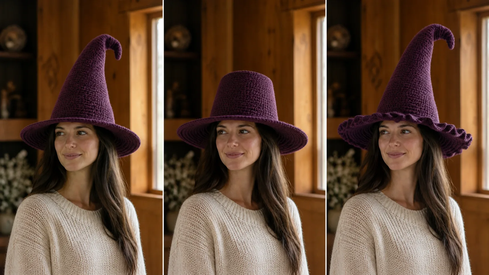 Three views compare a correct witch hat, a blunt cone and a ruffled brim