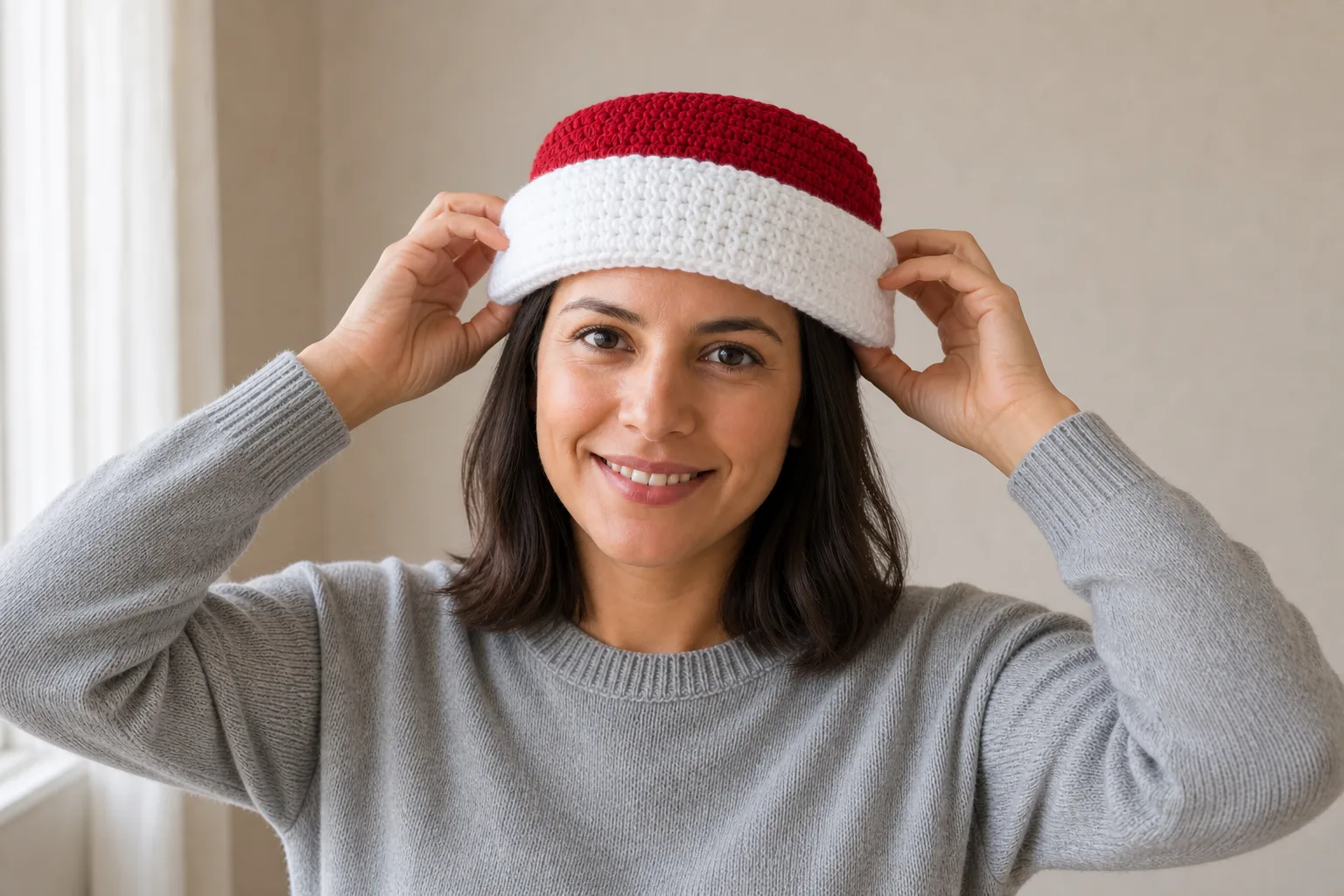 A wearer tests the folded white cuff across the widest point of the head