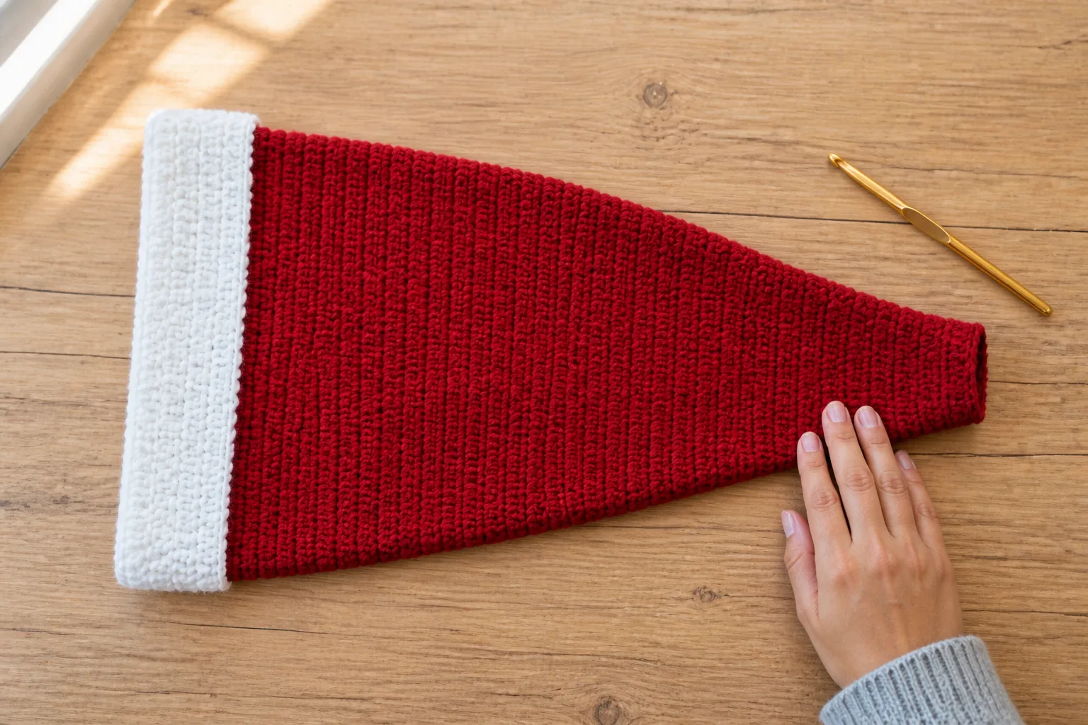 A red crochet Santa hat cone narrows evenly from its folded white cuff