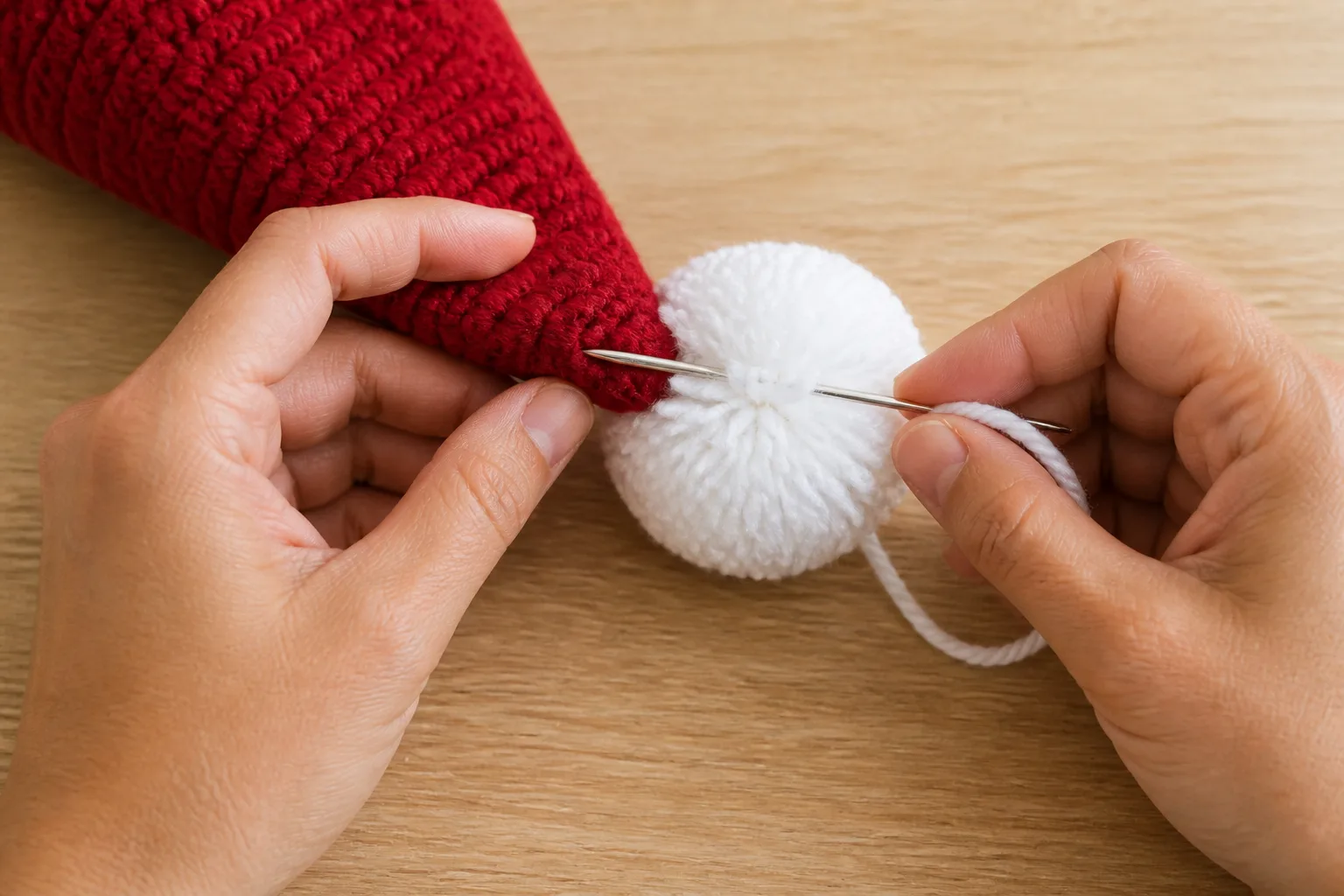 Hands attach a light white pom across the reinforced eight-stitch red tip