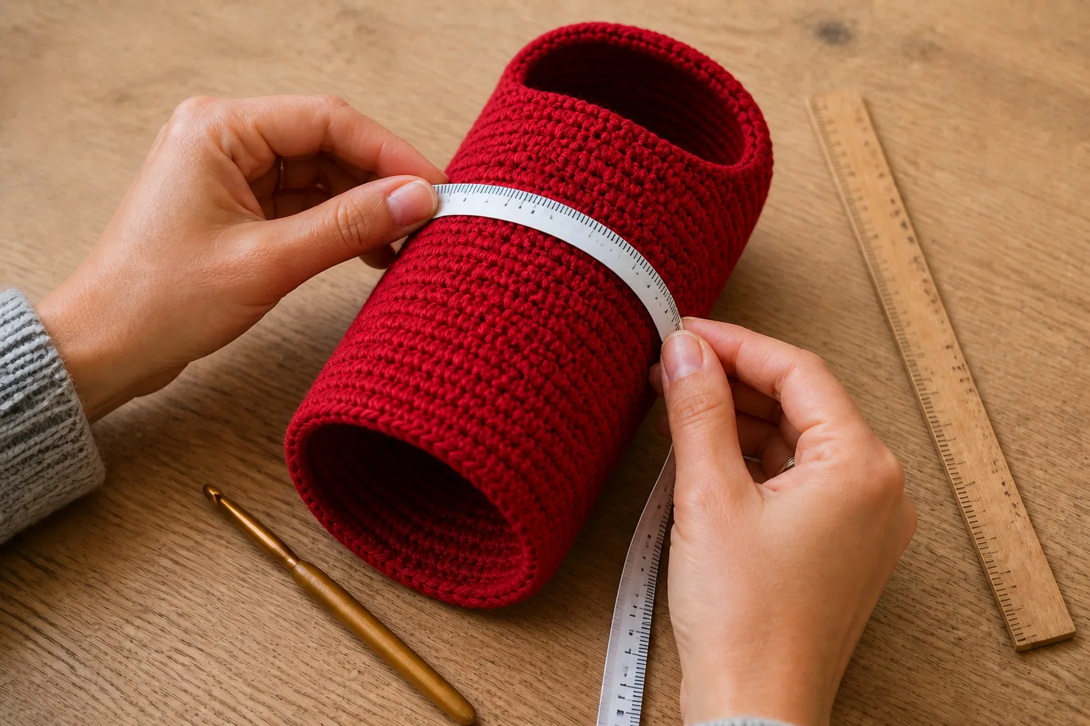 Hands measure a red joined half-double-crochet gauge tube in both directions
