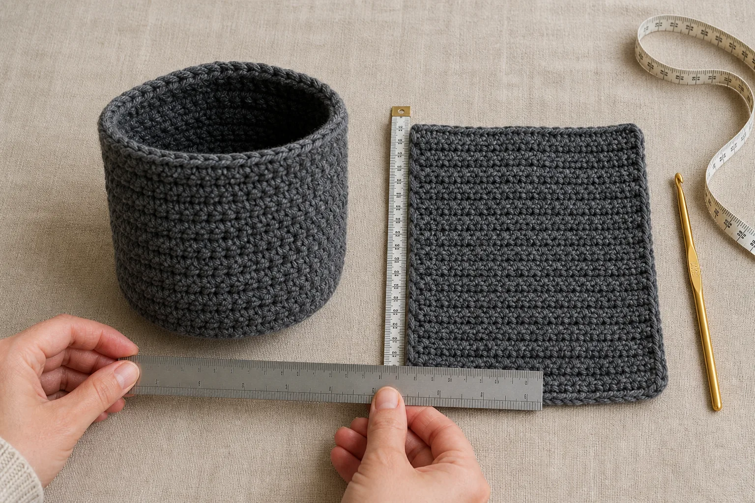 Hands measure a joined-round HDC tube beside a separate turned-row HDC strip