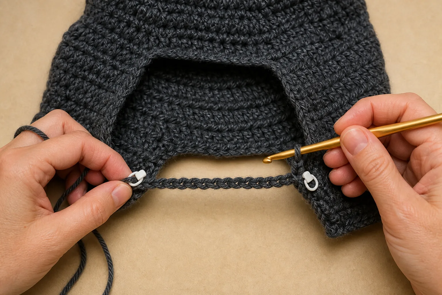 Hands join a 28-chain under-chin bridge to the opposite edge of a charcoal crochet hood