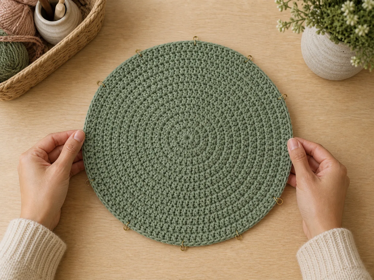 Hands hold a flat sage-green crochet crown divided by removable stitch markers