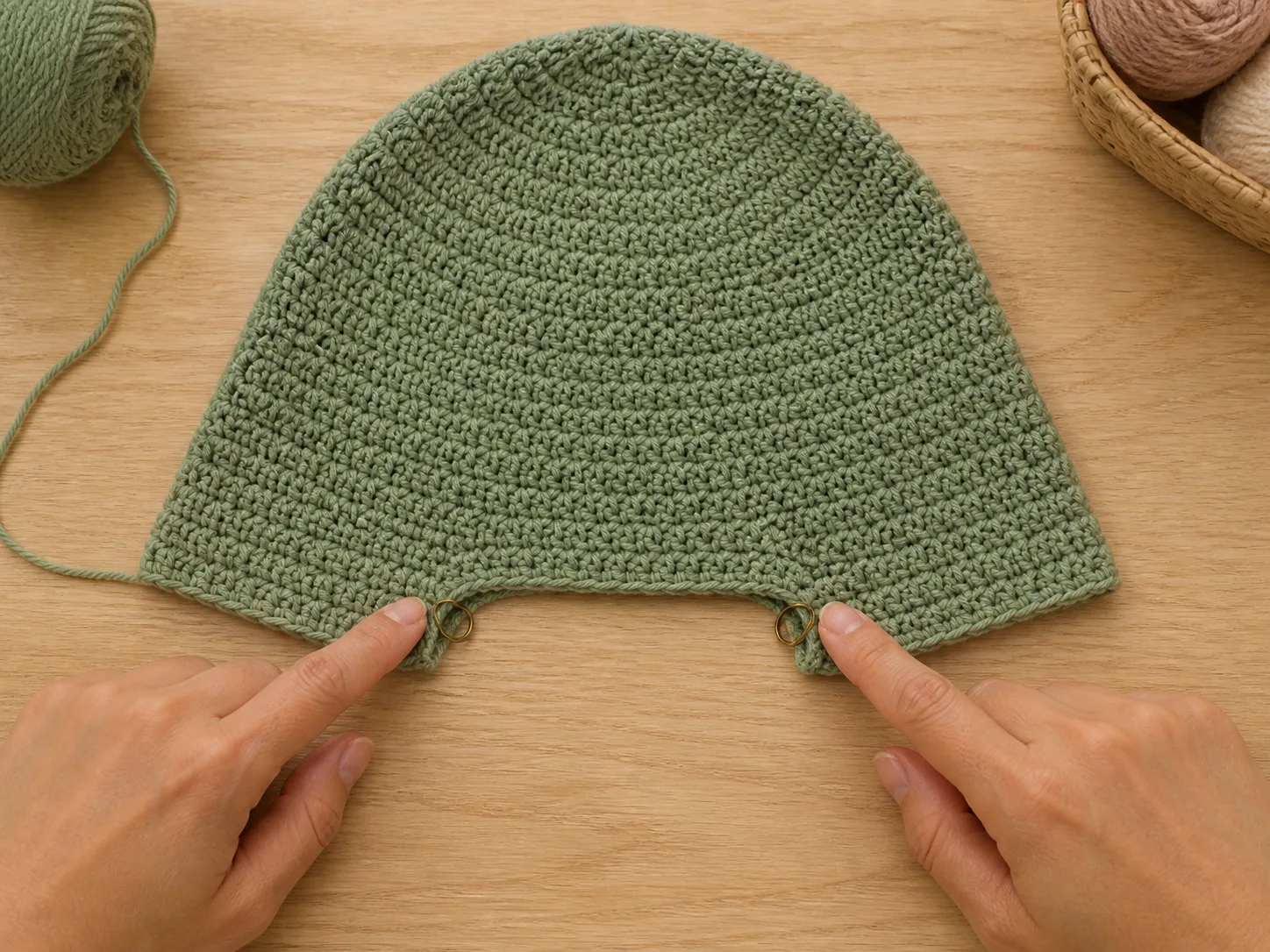 Hands point to two markers around the open nape gap of an unfinished crochet bonnet