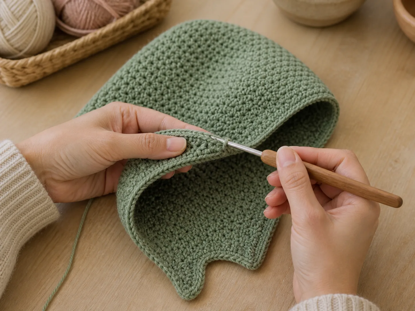 Hands crochet a single-crochet border along the face edge of a sage bonnet