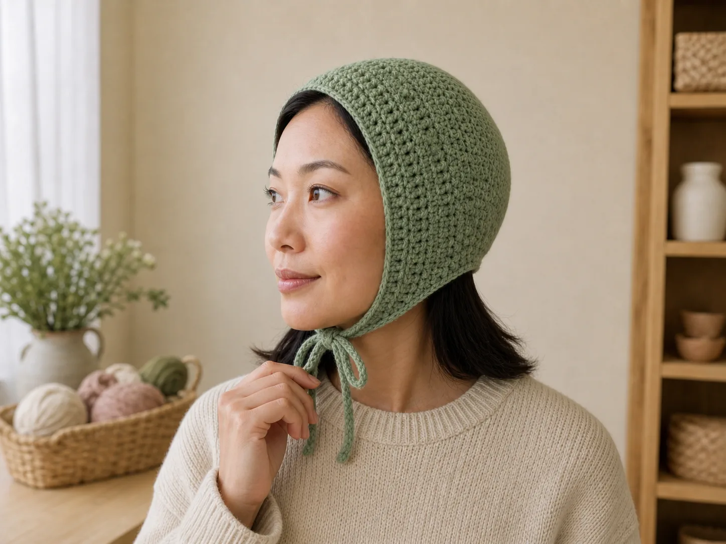 An adult turns her head while lightly touching the relaxed tie of a finished crochet bonnet