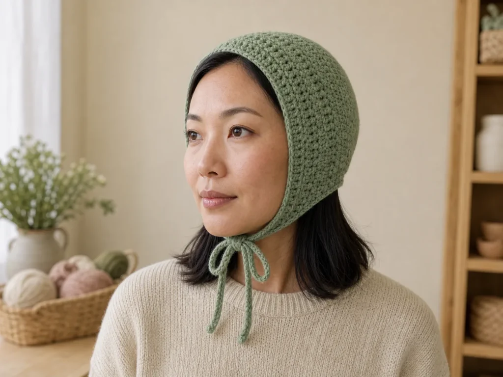 Adult wearing a sage-green crochet bonnet with an open face and balanced chin ties