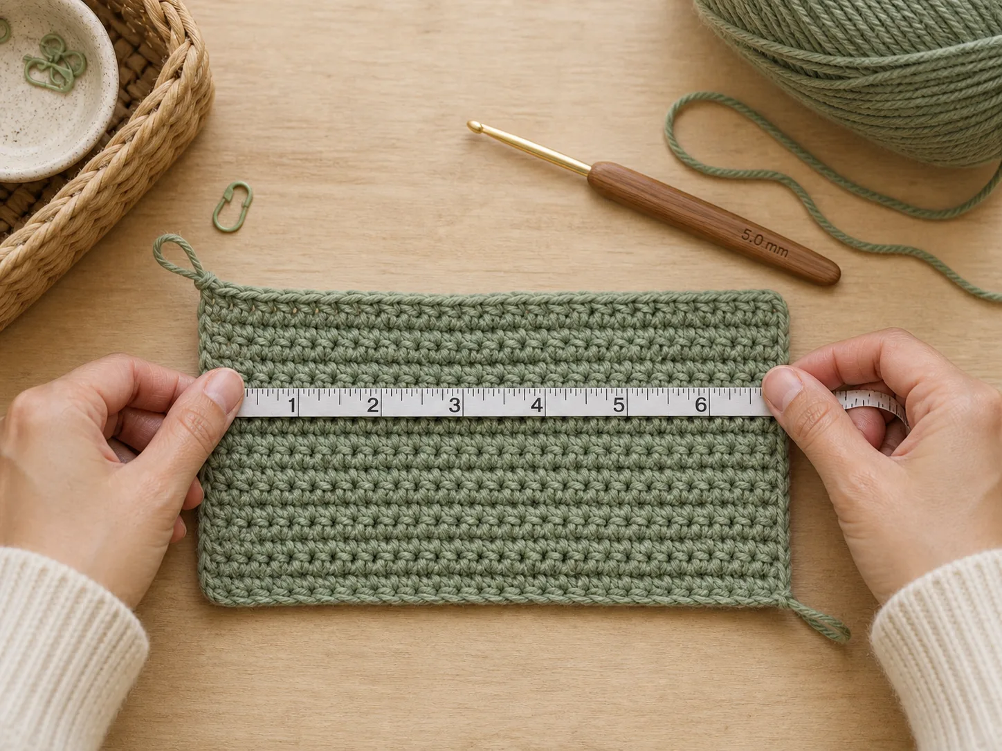 Hands measure a sage-green half-double-crochet swatch across a ruler