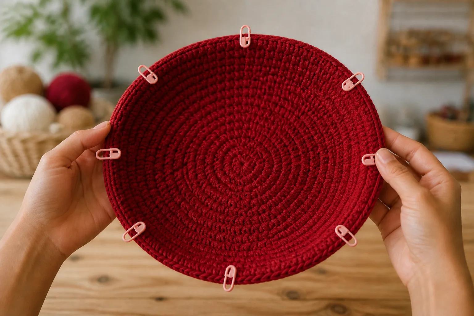 A red crochet mushroom-cap top is held as a shallow bowl before joining