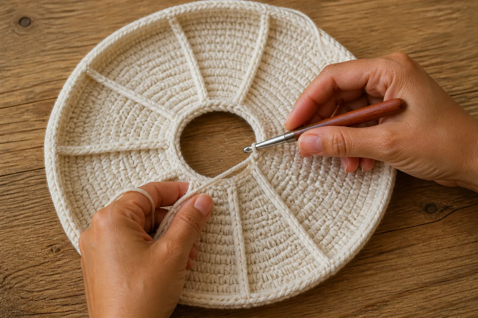 Hands work loose radial surface-crochet gills across the cream underside