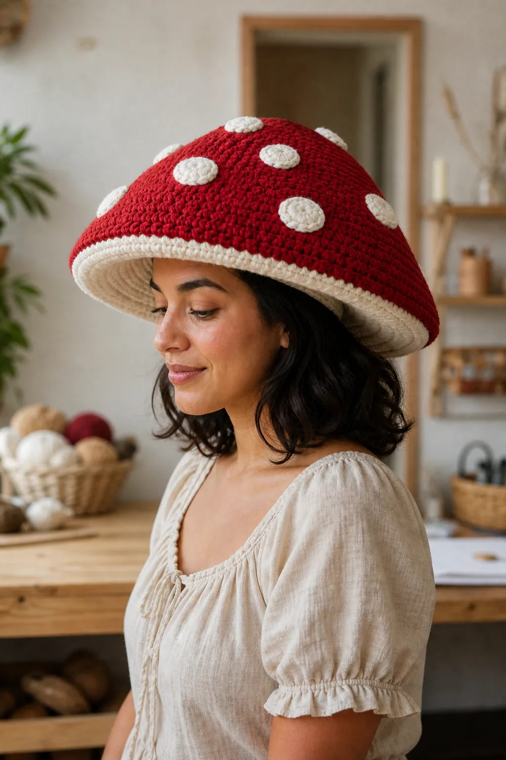 An adult turns in profile while wearing the finished crochet mushroom hat