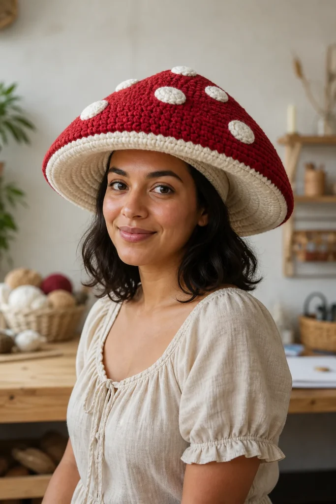 Adult wearing a red and cream crochet mushroom hat with white spots, a projected cap and visible gill underside