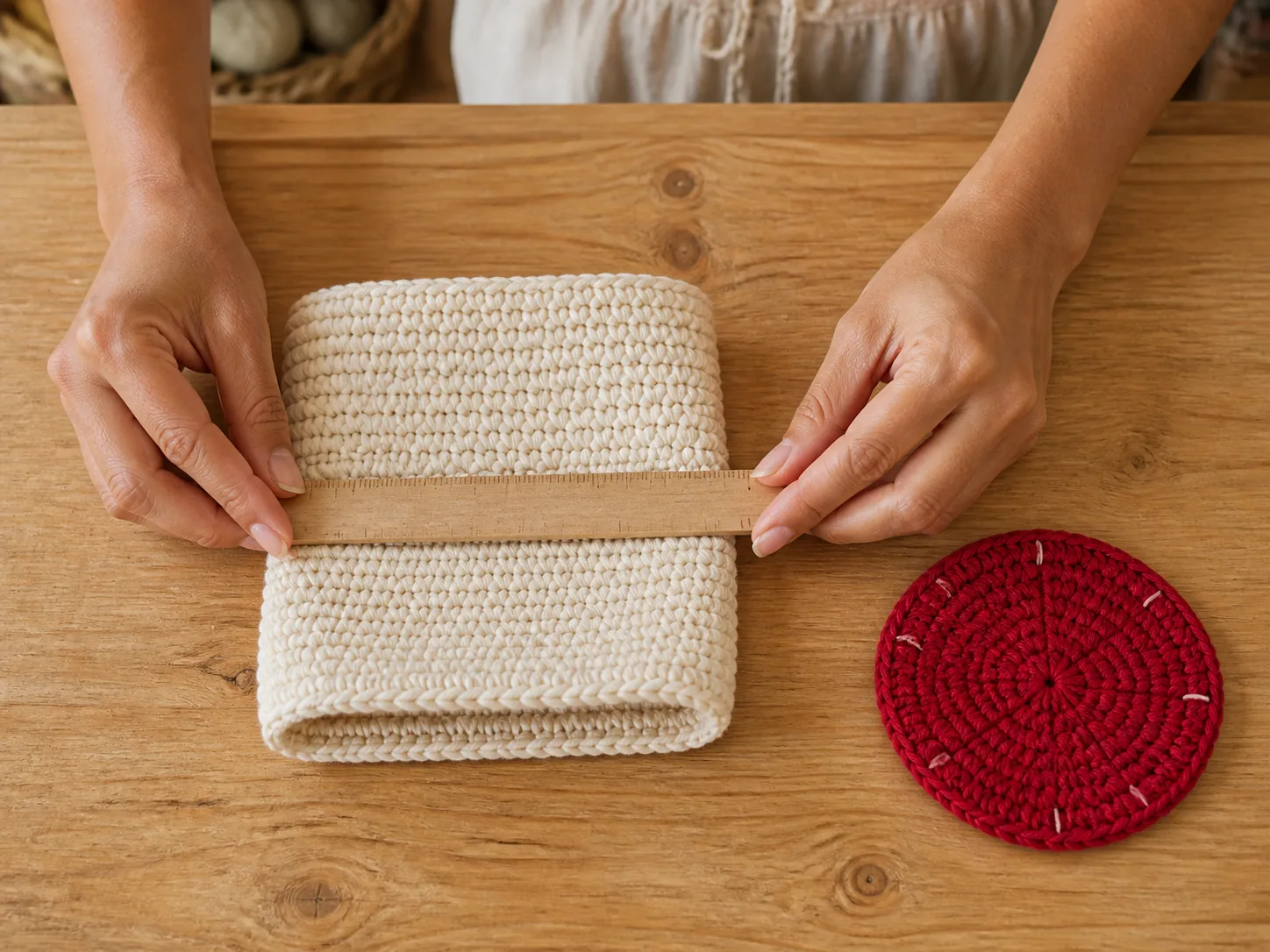 Hands measure a joined-round single-crochet tube beside an eight-sector sample circle