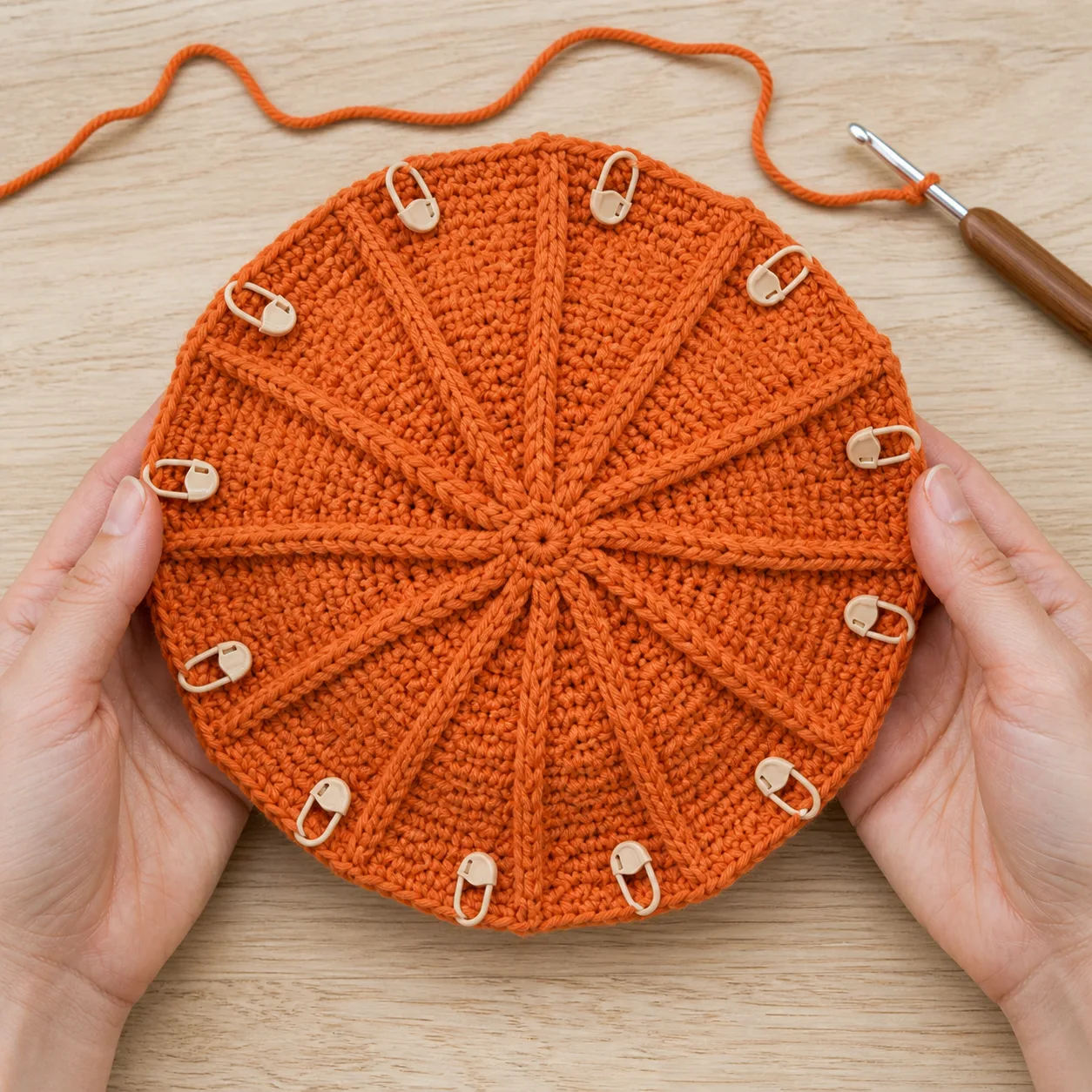 Top-down orange crochet crown in progress with twelve raised FPdc ribs and twelve evenly spaced locking markers