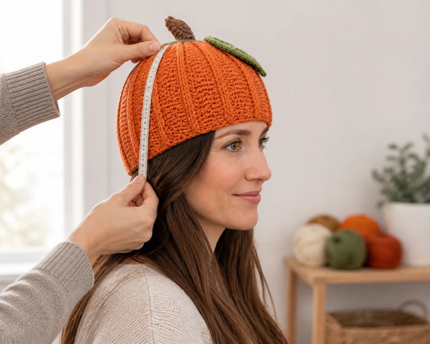 Side view of an adult trying on the orange twelve-rib pumpkin beanie while the lower edge and crown depth are checked with a tape measure