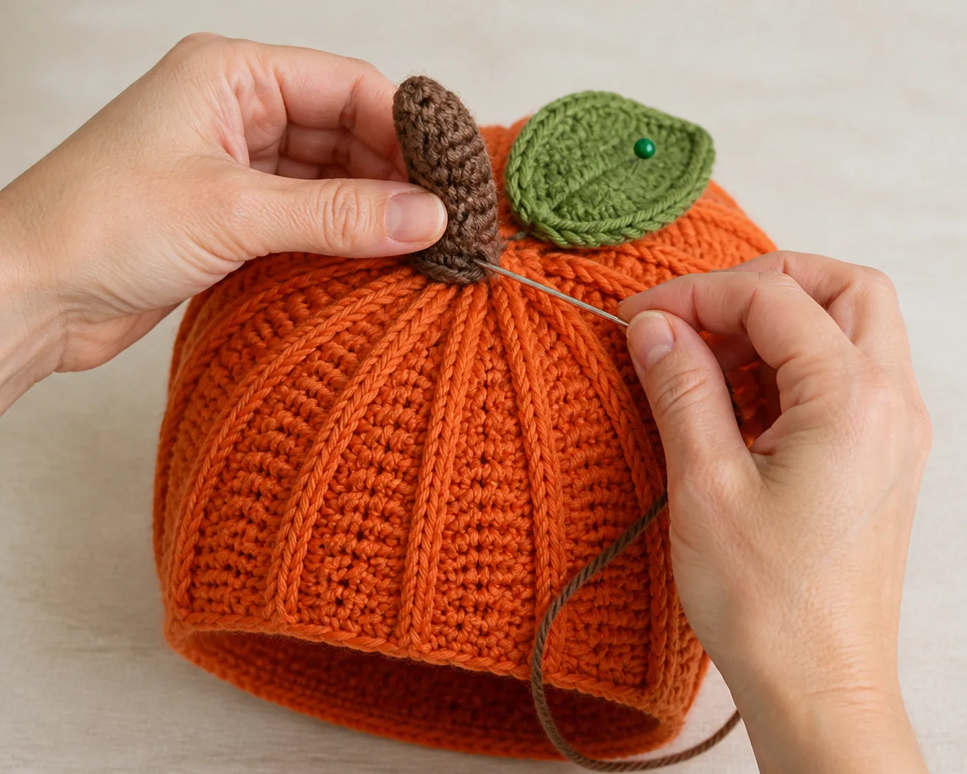 Hands sewing the broad base of a short unstuffed brown crochet stem and flat green leaf to the center of an orange pumpkin hat