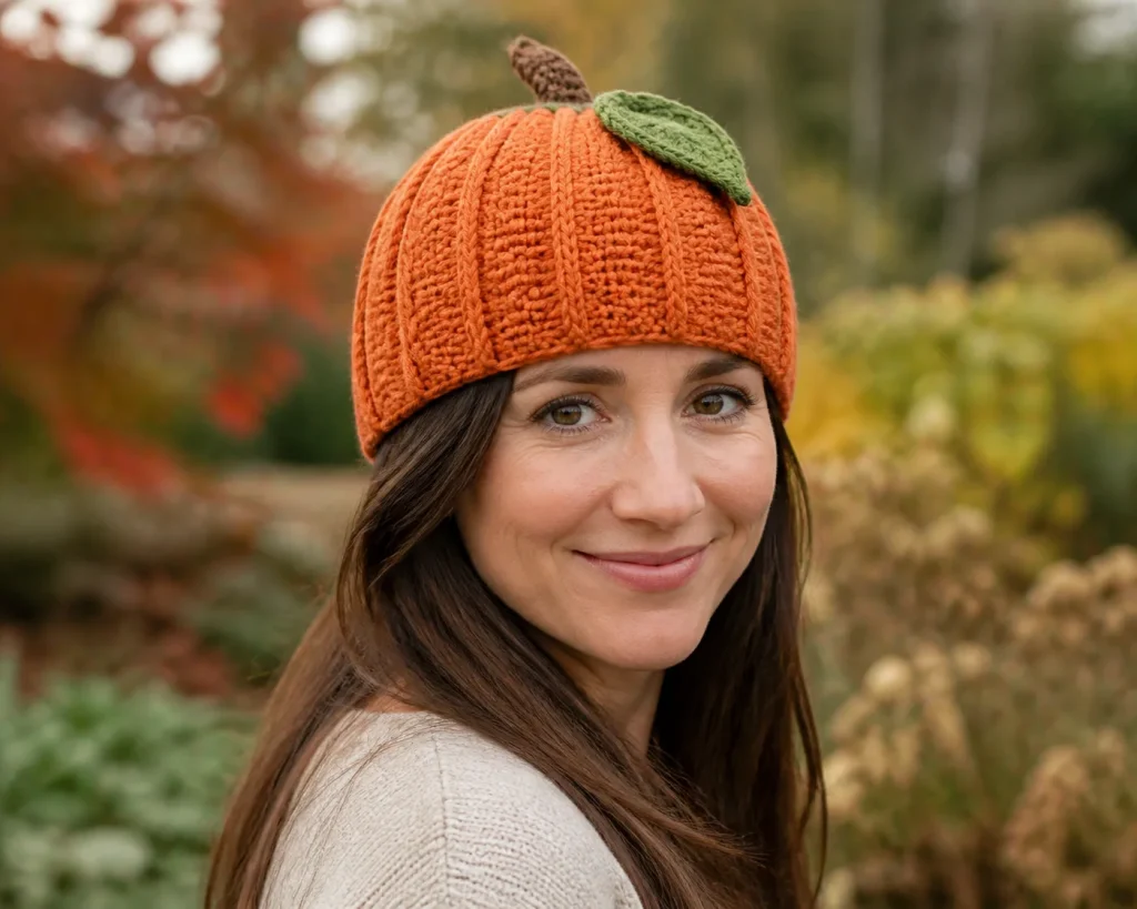 Adult wearing a fitted orange crochet pumpkin hat with twelve raised ribs, a short brown stem and a flat green leaf