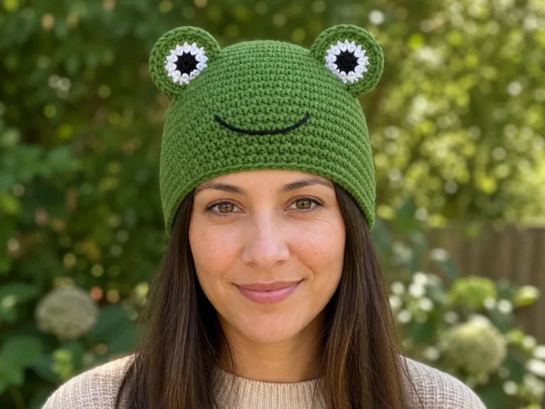 Adult woman wearing a fitted green crochet frog beanie with two symmetrical low-profile textile eyes and an embroidered smile