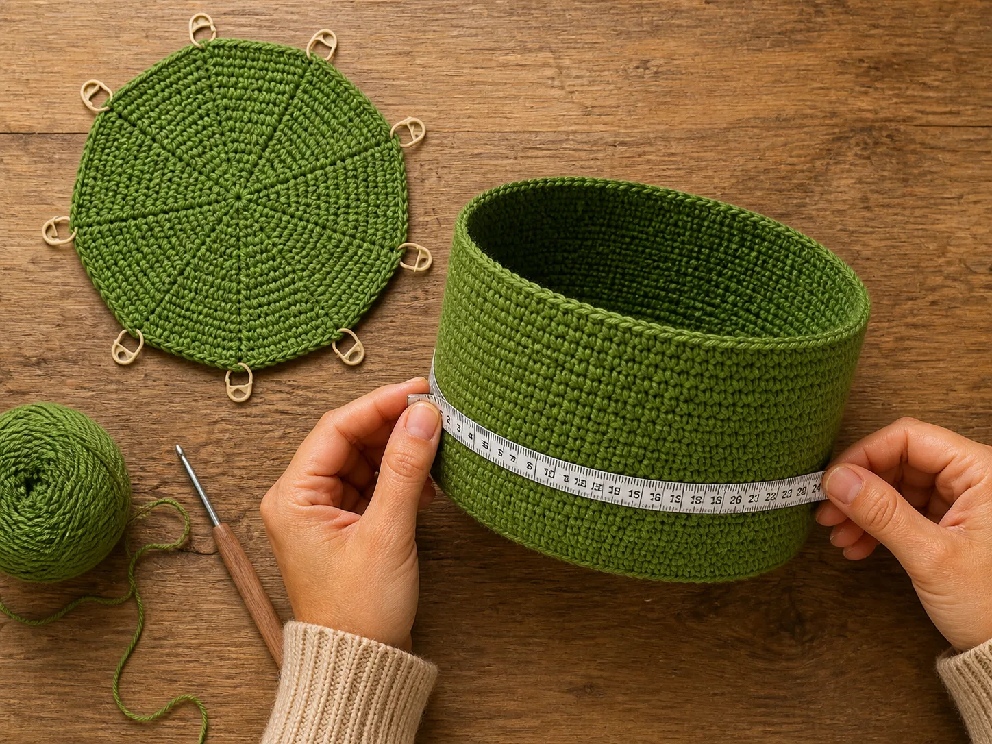 Hands measuring a green joined-round HDC tube and a small eight-sector crochet crown on a wooden table