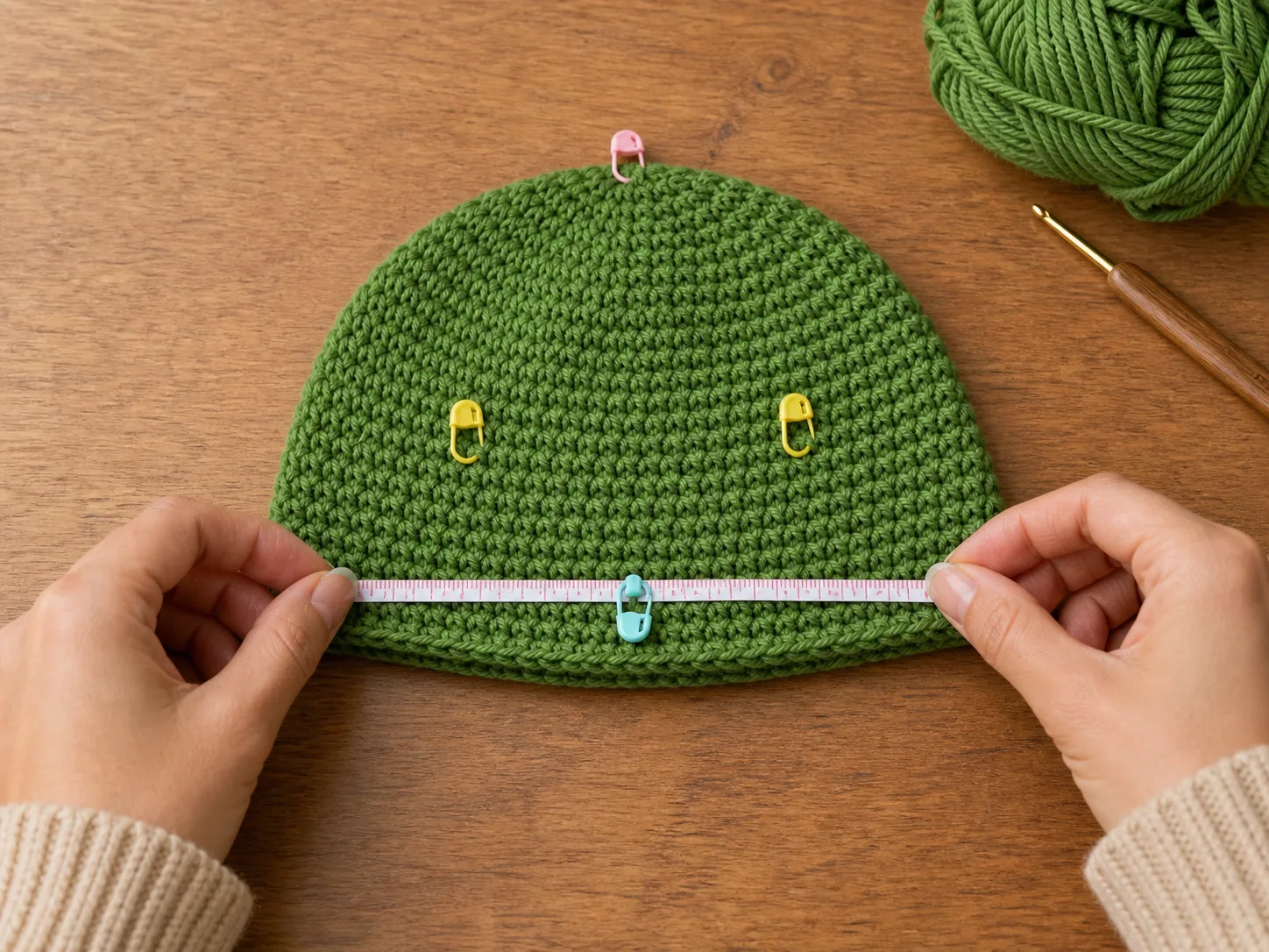 Hands using locking stitch markers and a tape measure to mark the back join, front-center boundary and two even eye-center positions on a green crochet beanie