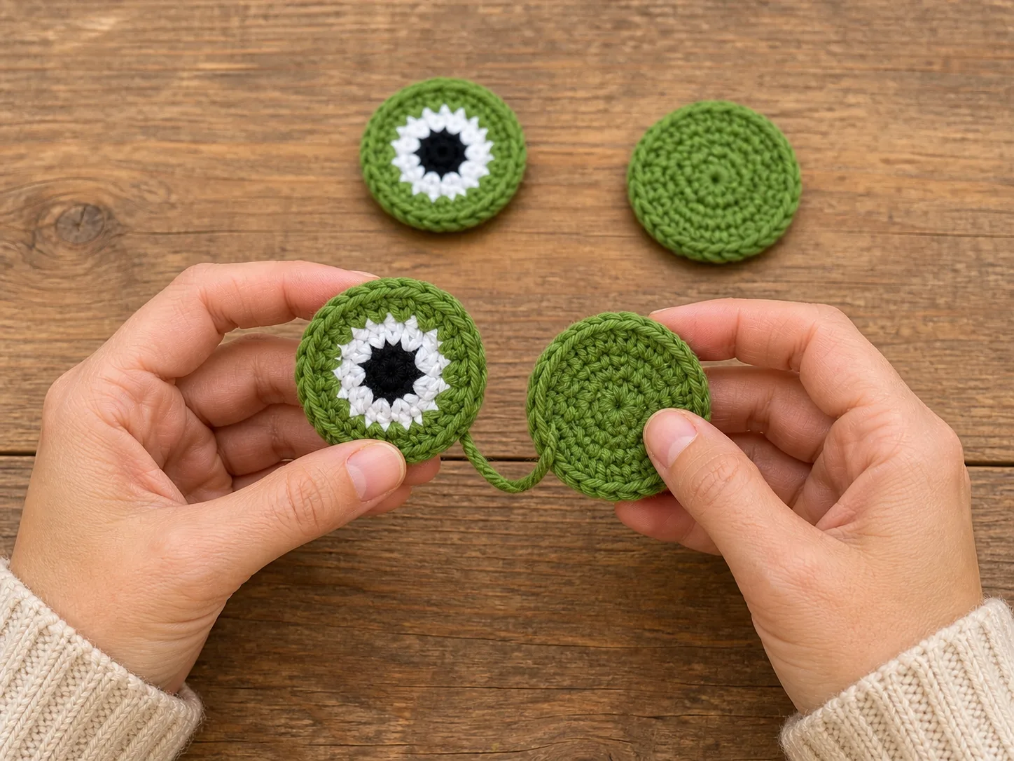 Close-up of hands assembling flat green and white crochet eye discs with embroidered black pupils, no plastic parts or stuffing