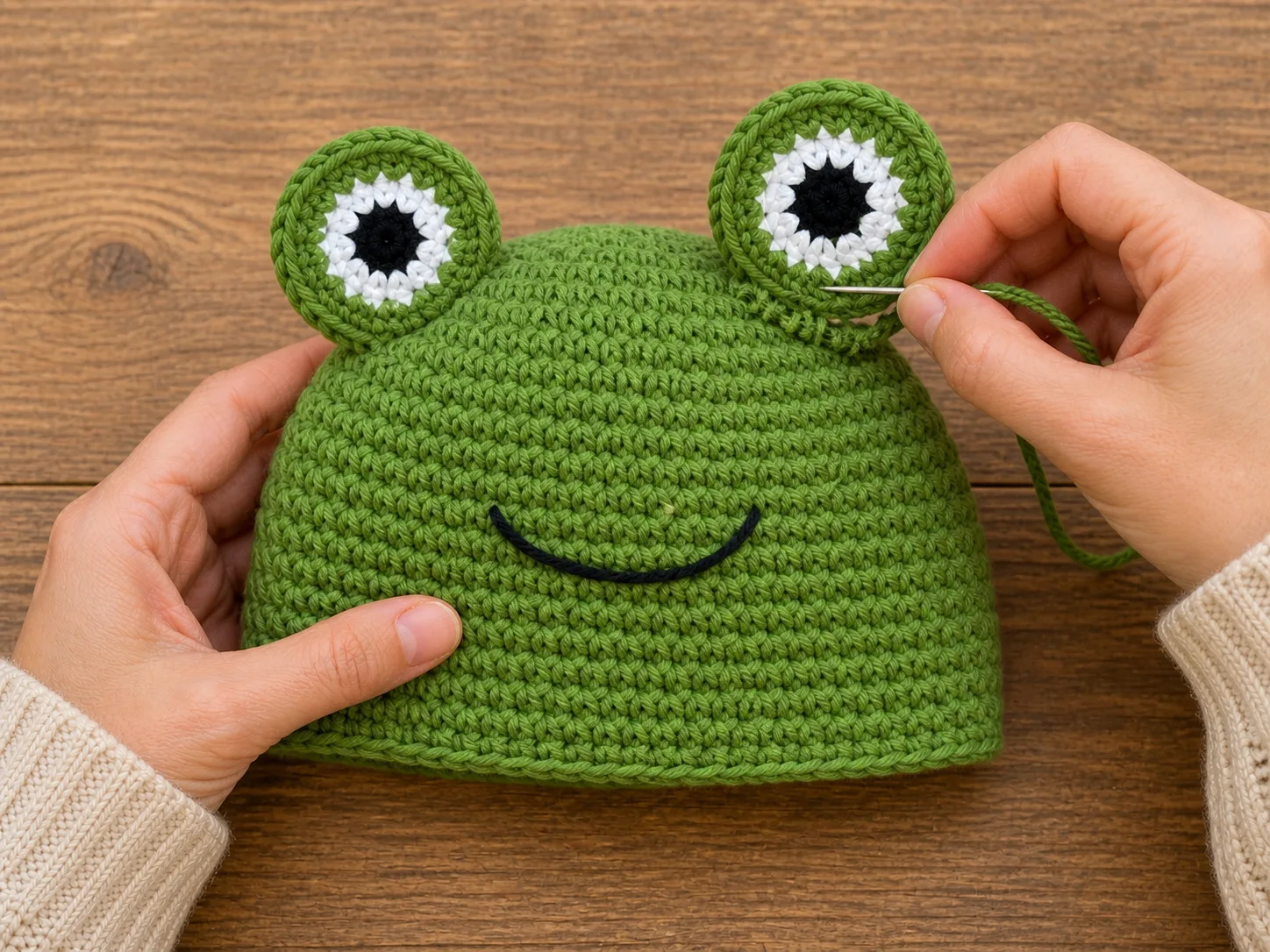Hands sewing the six-stitch open base of a low-profile crochet frog eye broadly to the first plain round of a green beanie