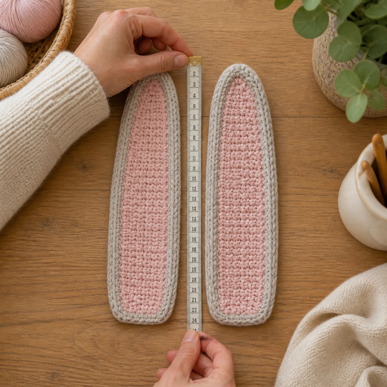 Hands holding two matched oatmeal and blush crochet ear panels together under one tape measure, with both six-stitch bases aligned