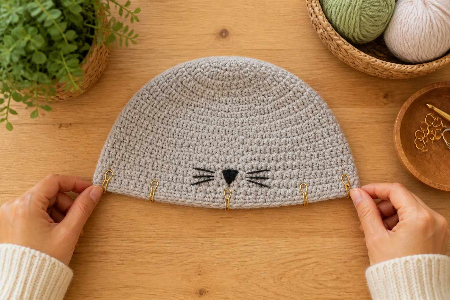Hands using locking stitch markers to mark front center and two mirrored six-stitch ear bases on an oatmeal crochet beanie