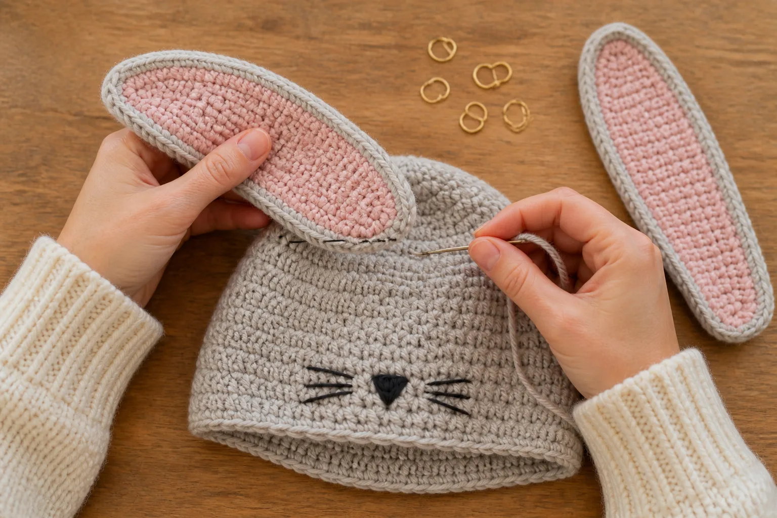 Hands sewing the open six-stitch base of one double-layer floppy bunny ear broadly to an oatmeal crochet beanie on a table
