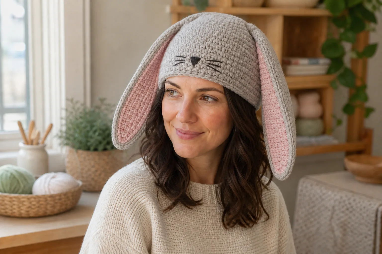 Same adult woman turning her head in the finished oatmeal crochet bunny beanie while both long floppy ears hang outside her sight line