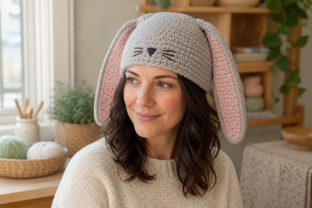 Adult woman wearing a fitted oatmeal crochet bunny beanie with two matching long floppy ears, blush inner panels and a small embroidered face