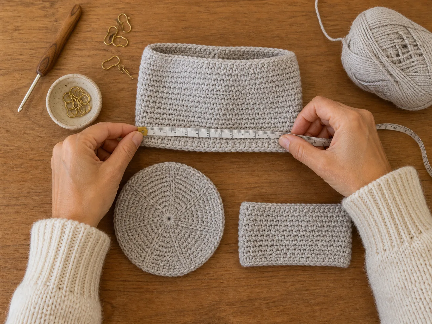 Hands measuring an oatmeal joined-round HDC tube, an eight-sector crown and a flat single-crochet ear swatch on a wooden table
