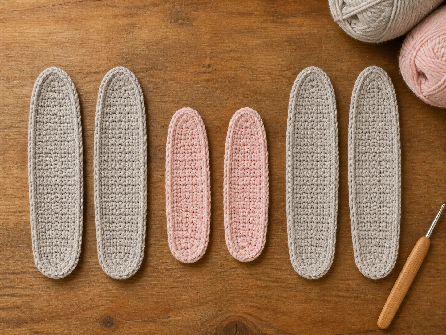 Four oatmeal outer ear panels and two blush accent panels arranged in matched pairs on a wooden worktable with yarn and hook
